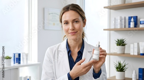 A female dermatologist or scientist in a white lab coat holding and presenting a skincare serum dropper bottle in a professional clinic or laboratory setting.