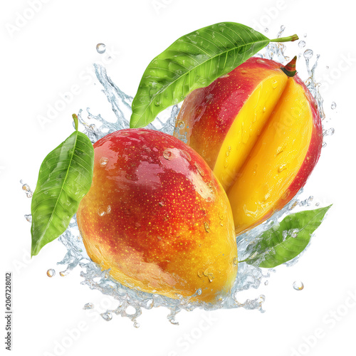 Fresh ripe mangoes with green leaves and water splashes isolated on transparent background
