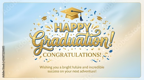 Elegant Golden Happy Graduation Banner with Mortarboard and Confetti