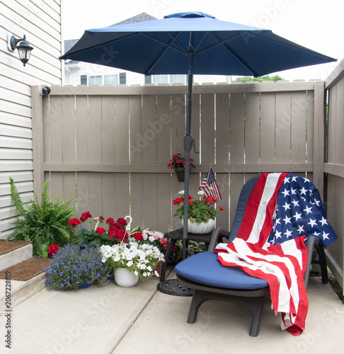 Patriotic Patio with Flag and Red, White and Blue Flowers
