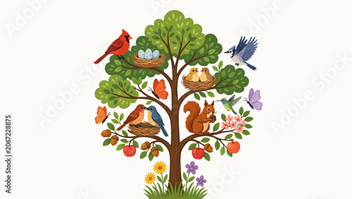 Whimsical Tree of Life with Birds, Squirrel, and Butterflies Illustration