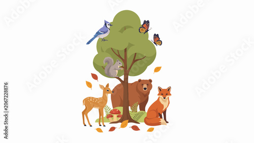 Autumn Woodland Creatures Gathering by a Tree – A Charming Illustrated Scene of Forest Wildlife and Fall Nature Elements