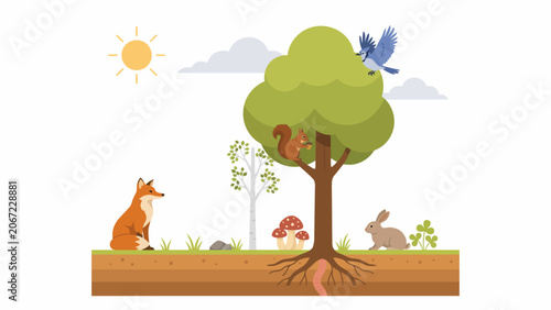 Vibrant Ecosystem Illustrated With A Tree, Fox, Squirrel, Rabbit, Blue Jay, Mushroom, And Worm