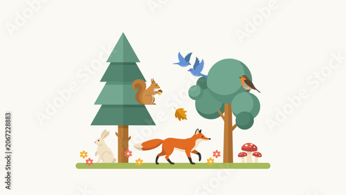 Charming Forest Ecosystem with Animals, Trees, and Mushrooms in a Whimsical Illustration