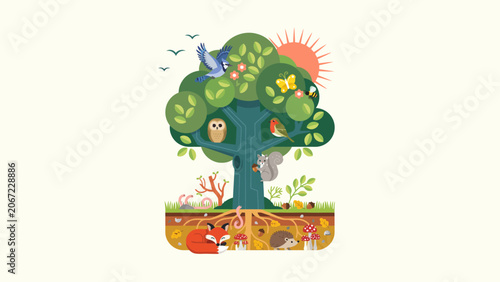 Vibrant cartoon illustration of a thriving forest ecosystem, showcasing diverse flora and fauna from roots to branches in a harmonious natural environment