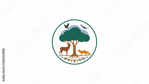 Vibrant nature emblem showcasing diverse forest wildlife a majestic deer, cunning fox, and soaring birds around a lush green tree, representing a balanced ecosystem
