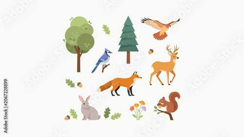 Illustrated collection of woodland creatures and forest elements design. Flat vector set of wild animals, trees, and plants representing nature's ecosystem