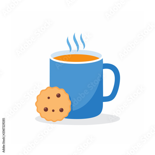 Blue coffee mug with chocolate chip cookie illustration