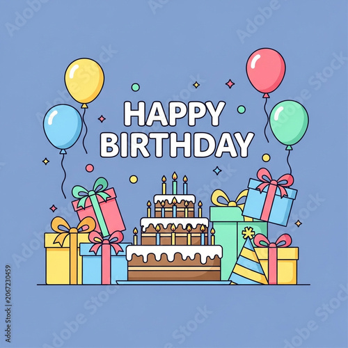 Happy Birthday greeting with cake gifts and balloons