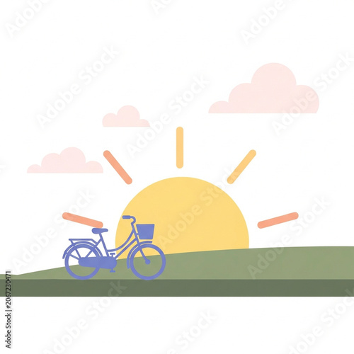 Blue bicycle on green field at sunrise with soft clouds