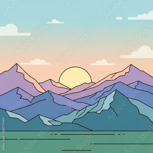 Minimalist mountain range landscape at sunrise with pastel colors