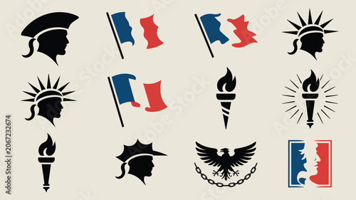 Foto French national day bastille day holiday symbols collection of marriane and tricolor flag