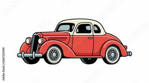 A red vintage car with a cream-colored roof and white-walled tires