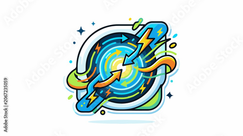 A vibrant abstract graphic with swirling blue and orange shapes