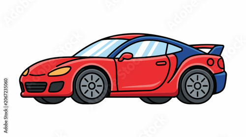 A cartoon-style illustration of a red and blue sports car