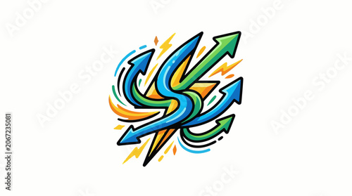 A colorful graphic illustration of swirling arrows in blue, green, and orange