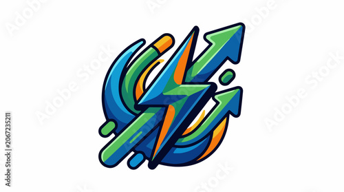 A colorful, stylized logo featuring arrows