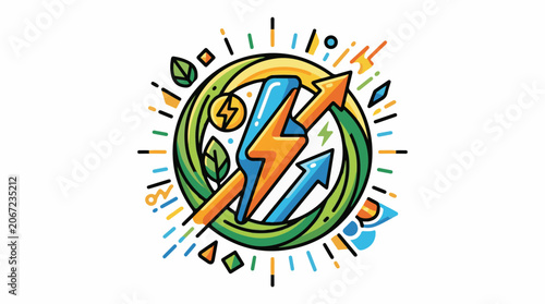 A colorful circular logo with arrows and leaves