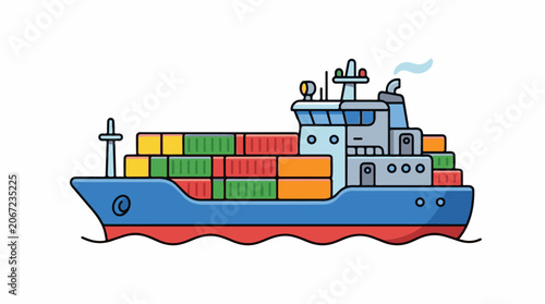 A colorful cargo ship loaded with large shipping containers