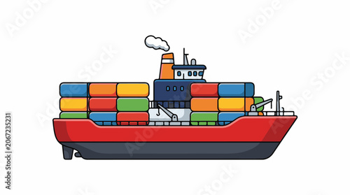 A colorful cargo ship loaded with containers