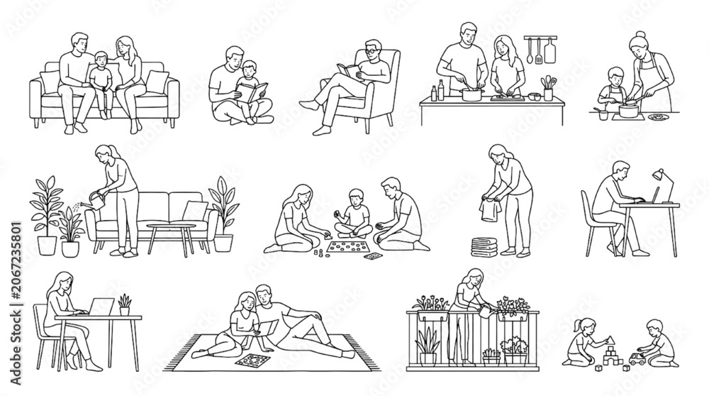 Obraz premium Vector cutaway illustration of residential scale figures performing domestic household activities and cooking indoor