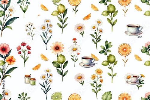 A pattern of watercolor flowers and a cup of tea
