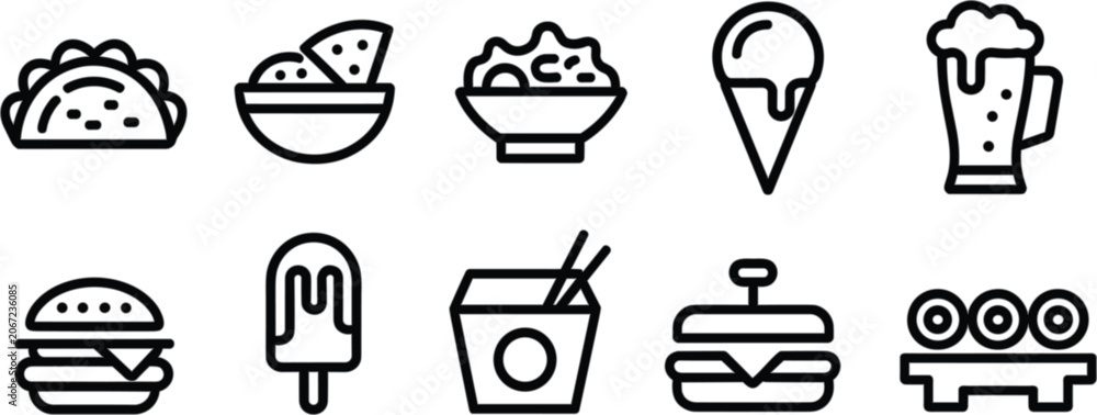 Fototapeta premium Fast food and beverage line icons collection, restaurant menu symbols for dining and snacks