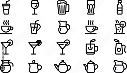 Tableau sur toile Beverage line icons collection vector set, drink symbols for cafes bars restaura