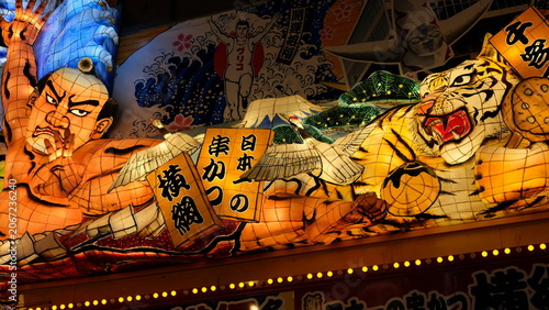 Fotografía Vibrant Japanese Lantern Festival Parade with Tiger, Crane, and Sumo Wrestler De