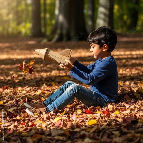 Young boy reading book outdoors in autumn park.