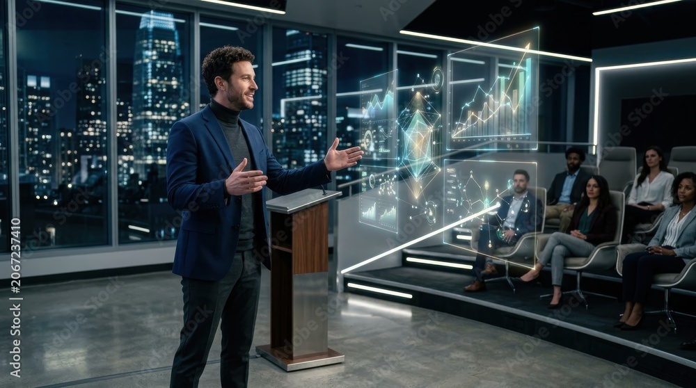 Obraz premium Business Presentation with Holographic Data Analytics