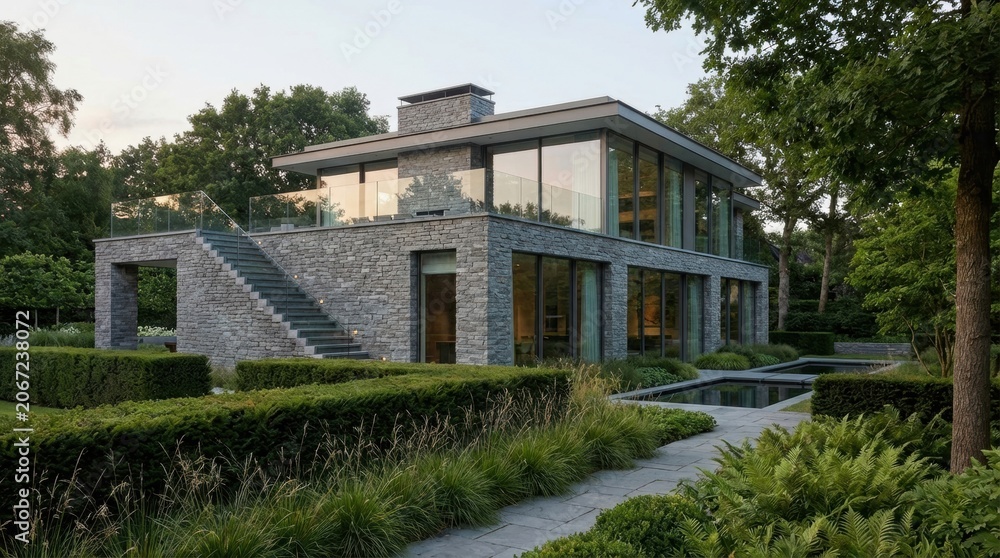 Fototapeta premium Modern Architectural Marvel - A Luxurious Home Amidst Lush Greenery and Tranquil Landscapes.