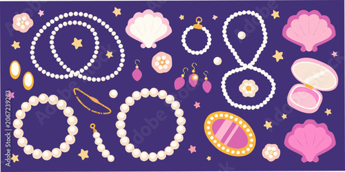 Foto Pearl Necklaces Earrings And Shells In A Vector Illustration