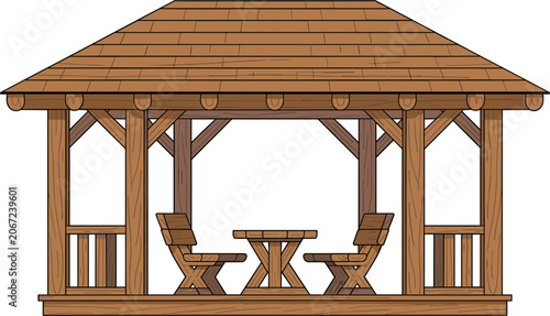 Fotografie Wooden garden gazebo vector illustration, outdoor pavilion with seating area for