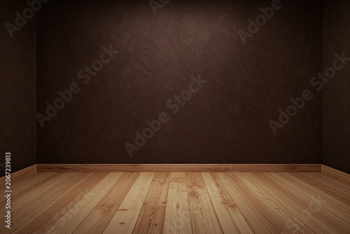 A room with a wooden floor and a wall with a pattern on it