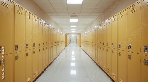 Empty School Hallway Lined With Rows of Yellow Lockers.