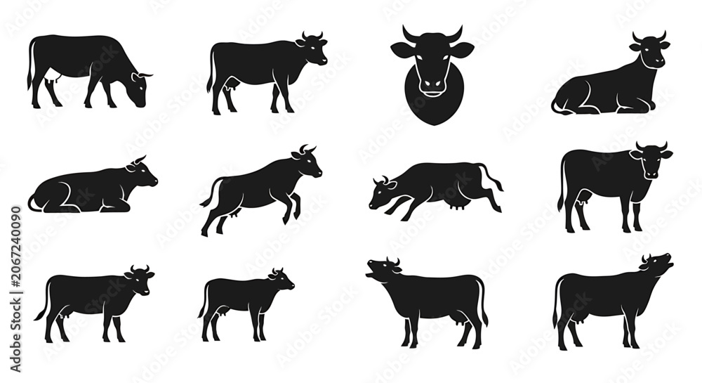 Obraz premium A group of cows in various poses are depicted in black silhouette against a plain background.