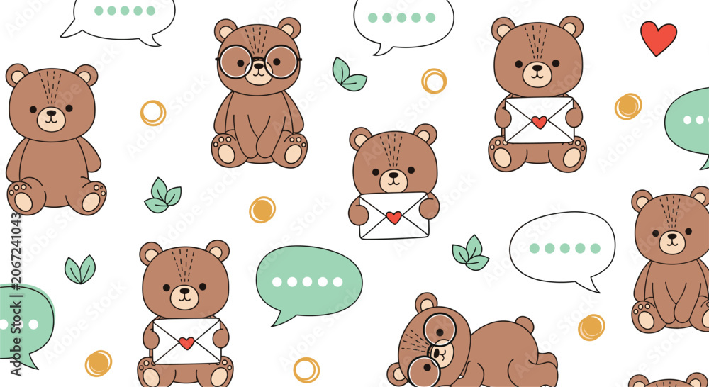 Obraz premium Cute Teddy Bear Seamless Pattern and Icon Set with Love Letters, Speech Bubbles, Glasses, and Leaves for Nursery Wallpaper and Kids Graphic Designs
