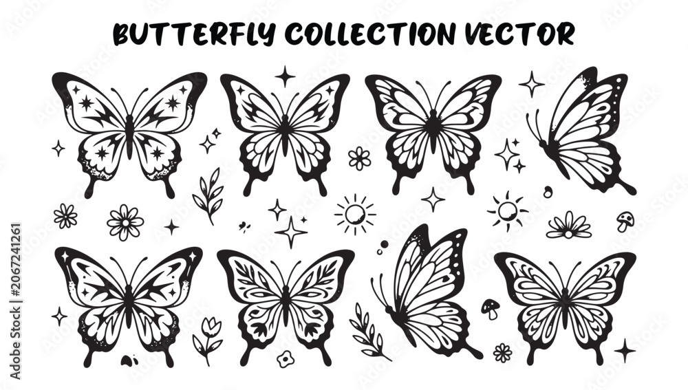 Fototapeta premium Butterfly collection vector graphics with various black butterflies and decorative elements