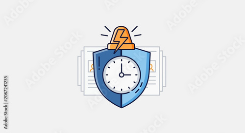 Conceptual illustration of a shield protecting a clock with a warning light.