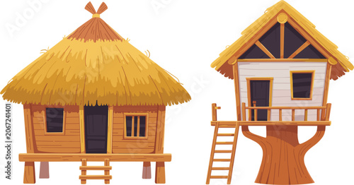 Canvastavla Rustic wooden huts vector illustration, traditional thatched cottage and treehou