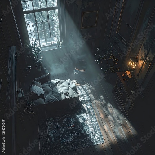 Dark room with sunbeam through window.