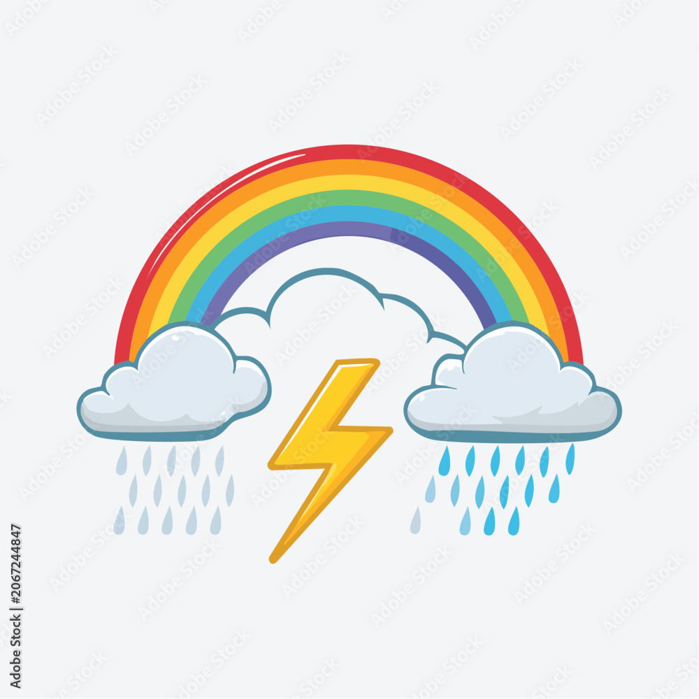 Naklejka premium Cartoon Rainbow with Lightning and Rain Clouds