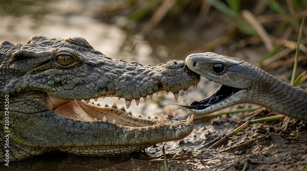 Obraz premium Nile Crocodile and Black Mamba Kissing Close Up on International Kissing Day — Dangerous Reptile Love