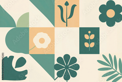 Spring floral geometric background.Abstract nature. Leaves and flowers.