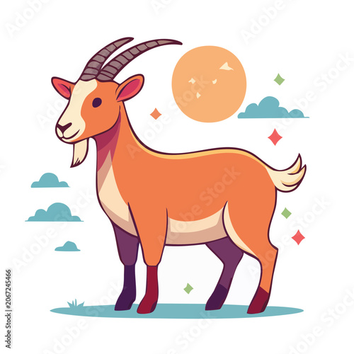 Colorful cartoon goat illustration with sun and clouds