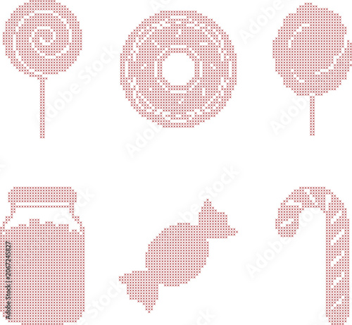 Cross stitch pattern set of various candies and sweets isolated 