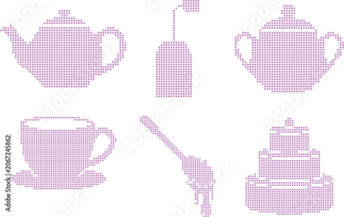 Cross stitch patterns tea party elements and cake isolated 