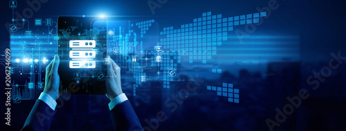 Bild auf Leinwand Web administrator hands hold pro tablet Hosting server control panel