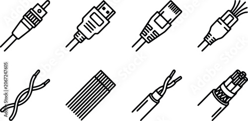 Foto Electrical cable and wire icon set, black solid vector symbols for power supply and data connection, industrial wiring and networking hardware elements